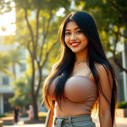 A beautiful Indonesian female university student with very large breasts, featuring long, luxurious black hair and a flirtatious smile