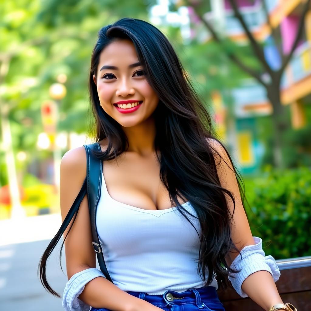 A beautiful Indonesian university student with an alluring presence and large breasts, exuding confidence and charm