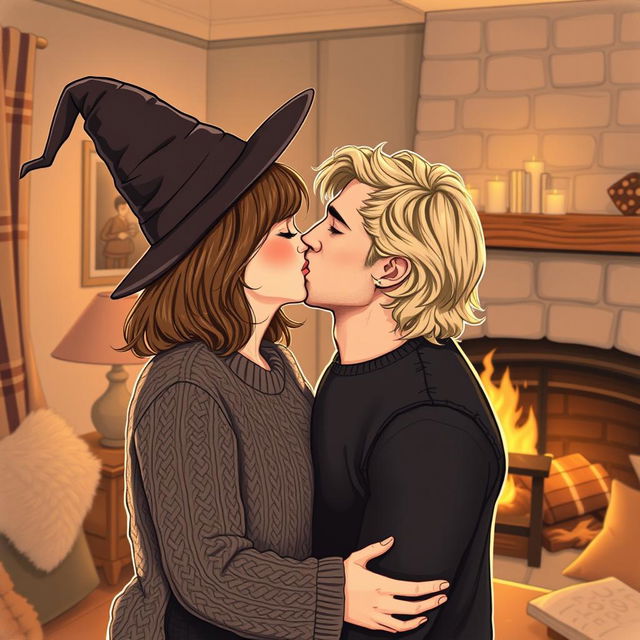 A woman with shoulder-length light brown hair wearing a cozy cable-knit sweater is playfully tossing a witch's hat off her head