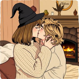 A woman with shoulder-length light brown hair wearing a cozy cable-knit sweater is playfully tossing a witch's hat off her head