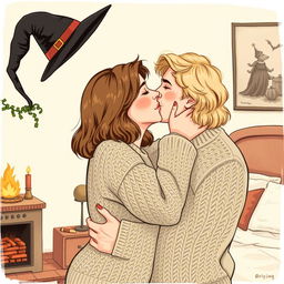 A woman with shoulder-length light brown hair wearing a cozy cable-knit sweater is playfully tossing a witch's hat off her head