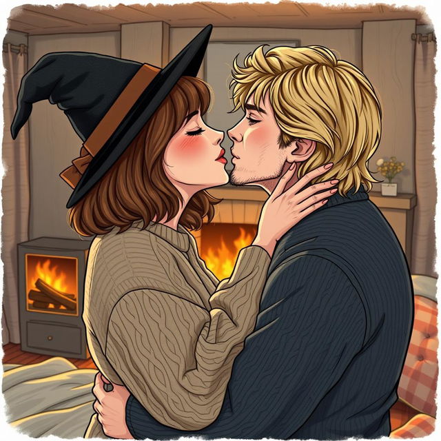 A woman with shoulder-length light brown hair, wearing a cozy cable-knit sweater, is passionately kissing a serious Norwegian man in his early thirties