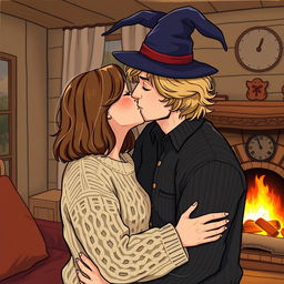A woman with shoulder-length light brown hair, wearing a cozy cable-knit sweater, is passionately kissing a serious Norwegian man in his early thirties
