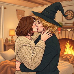 A woman with shoulder-length light brown hair, wearing a cozy cable-knit sweater, is passionately kissing a serious Norwegian man in his early thirties
