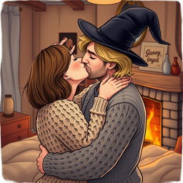 A woman with shoulder-length light brown hair, wearing a cozy cable-knit sweater, is passionately kissing a serious Norwegian man in his early thirties