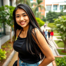 A beautiful Indonesian university student with a captivating smile and large, round breasts, exuding a playful and flirtatious vibe