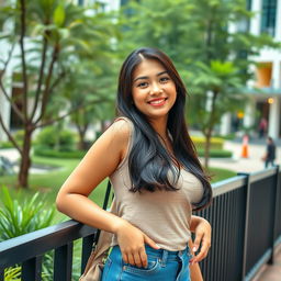 A beautiful Indonesian university student with large, round breasts, radiating a playful and flirtatious attitude