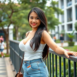 A beautiful Indonesian university student with large, round breasts, radiating a playful and flirtatious attitude