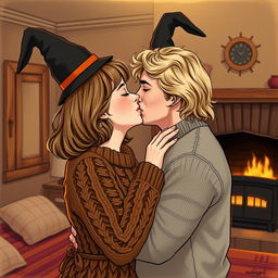 A woman with shoulder-length light brown hair wearing a cozy cable-knit sweater, joyfully tossing a witch's hat off her head as she passionately kisses a serious Norwegian man in his early thirties