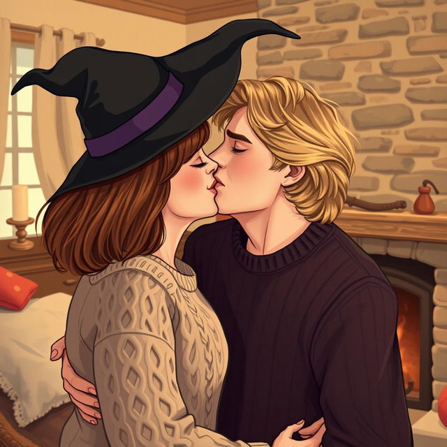 A woman with shoulder-length light brown hair wearing a cozy cable-knit sweater, joyfully tossing a witch's hat off her head as she passionately kisses a serious Norwegian man in his early thirties