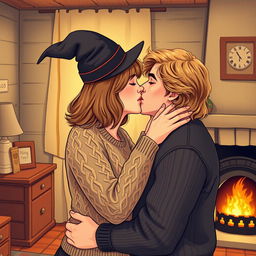 A woman with shoulder-length light brown hair wearing a cozy cable-knit sweater, joyfully tossing a witch's hat off her head as she passionately kisses a serious Norwegian man in his early thirties
