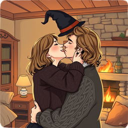 A woman with shoulder-length light brown hair wearing a cozy cable-knit sweater, joyfully tossing a witch's hat off her head as she passionately kisses a serious Norwegian man in his early thirties