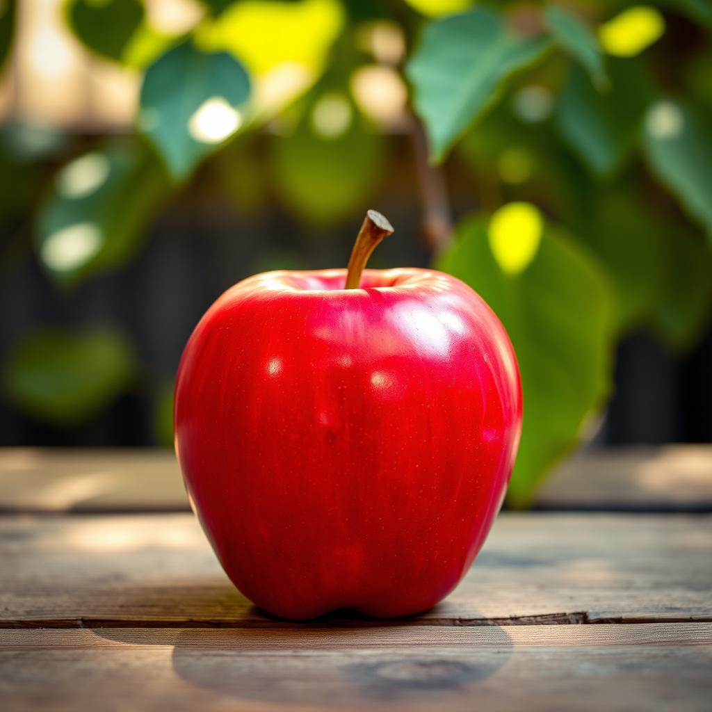 A vibrant red apple, perfectly polished, resting on a rustic wooden table