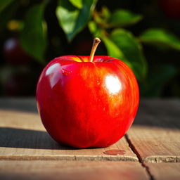 A vibrant red apple, perfectly polished, resting on a rustic wooden table