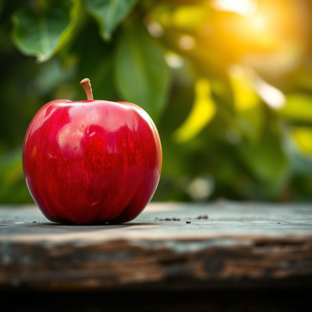 A vibrant red apple, perfectly polished, resting on a rustic wooden table