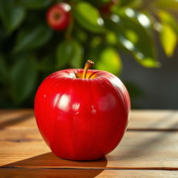 A vibrant red apple, perfectly polished, resting on a rustic wooden table