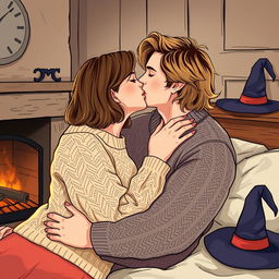 A woman with shoulder-length light brown hair wearing a cozy cable-knit sweater is passionately kissing a serious Norwegian man in his early thirties