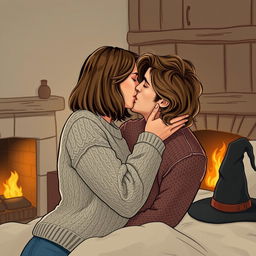 A woman with shoulder-length light brown hair wearing a cozy cable-knit sweater is passionately kissing a serious Norwegian man in his early thirties