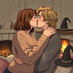A woman with shoulder-length light brown hair wearing a cozy cable-knit sweater is passionately kissing a serious Norwegian man in his early thirties