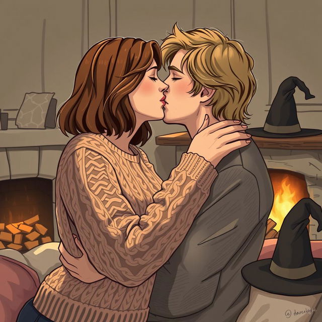 A woman with shoulder-length light brown hair wearing a cozy cable-knit sweater is passionately kissing a serious Norwegian man in his early thirties