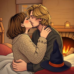 A woman with shoulder-length light brown hair wearing a cozy cable-knit sweater is passionately kissing a serious Norwegian man in his early thirties