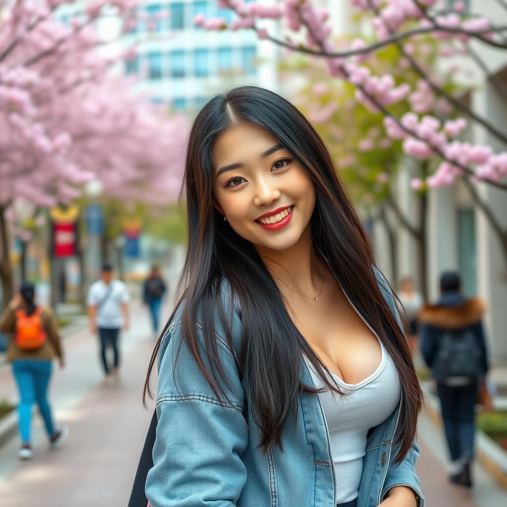 A beautiful South Korean university student with large, round breasts, exuding a playful and flirtatious charm