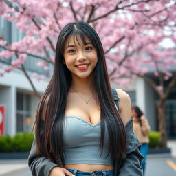 A beautiful South Korean university student with large, round breasts, exuding a playful and flirtatious charm