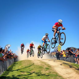 A high-action scene of a bicycle race featuring cyclists jumping off ramps
