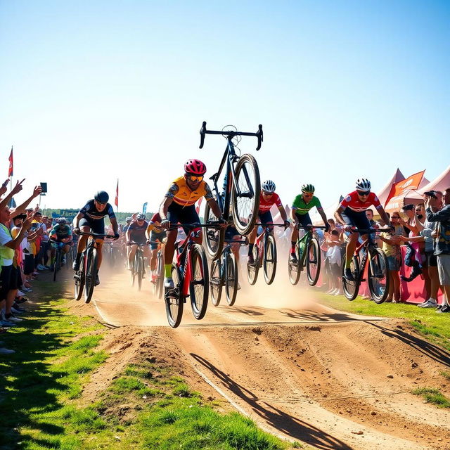 A high-action scene of a bicycle race featuring cyclists jumping off ramps