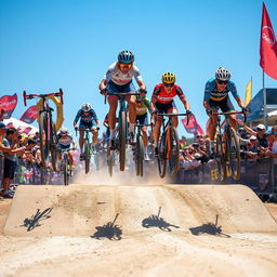 A high-action scene of a bicycle race featuring cyclists jumping off ramps