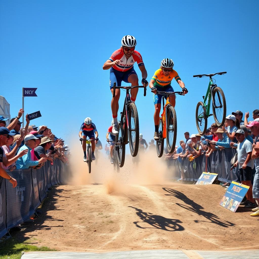 A high-action scene of a bicycle race featuring cyclists jumping off ramps