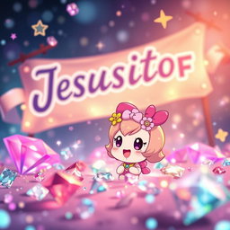 A beautiful, vibrant scene featuring a very cute and colorful character named Zakura, surrounded by sparkling diamonds that glimmer in various hues