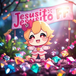 A beautiful, vibrant scene featuring a very cute and colorful character named Zakura, surrounded by sparkling diamonds that glimmer in various hues