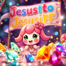 A beautiful, vibrant scene featuring a very cute and colorful character named Zakura, surrounded by sparkling diamonds that glimmer in various hues