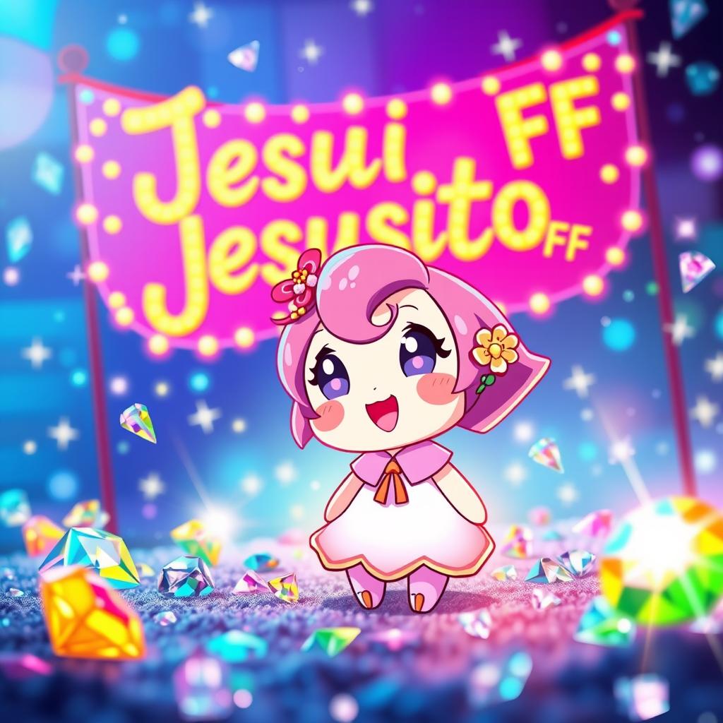 A beautiful, vibrant scene featuring a very cute and colorful character named Zakura, surrounded by sparkling diamonds that glimmer in various hues