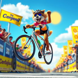A dynamic scene featuring a bicycle racing animal in mid-jump, showcasing a vibrant and energetic environment