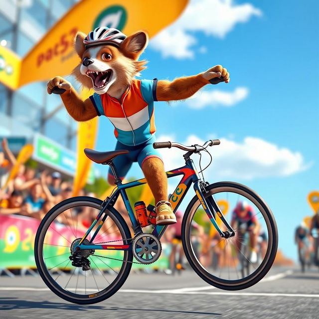 A dynamic scene featuring a bicycle racing animal in mid-jump, showcasing a vibrant and energetic environment