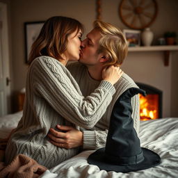 A woman with shoulder-length light brown hair, wearing a cozy cable-knit sweater, is passionately kissing a serious Norwegian man in his early thirties who has dirty blonde wavy medium-length hair