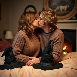 A woman with shoulder-length light brown hair, wearing a cozy cable-knit sweater, is passionately kissing a serious Norwegian man in his early thirties who has dirty blonde wavy medium-length hair