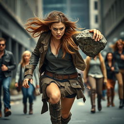 A woman with a fierce, determined expression is angrily chasing a group of startled people through an urban street