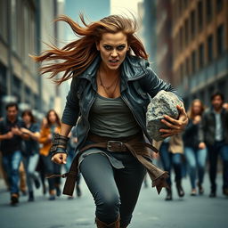 A woman with a fierce, determined expression is angrily chasing a group of startled people through an urban street