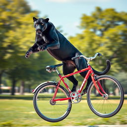 A panther skillfully jumping over a bicycle in an action-packed scene, showcasing its grace and agility