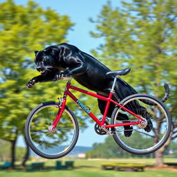 A panther skillfully jumping over a bicycle in an action-packed scene, showcasing its grace and agility