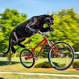 A panther skillfully jumping over a bicycle in an action-packed scene, showcasing its grace and agility