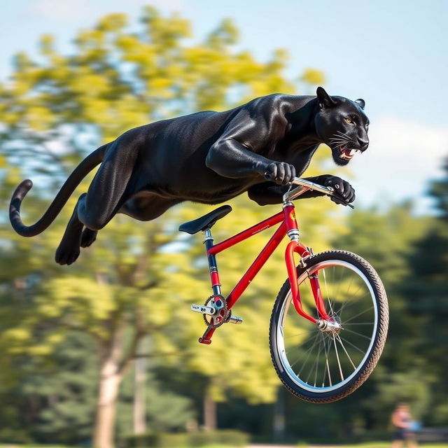 A panther skillfully jumping over a bicycle in an action-packed scene, showcasing its grace and agility