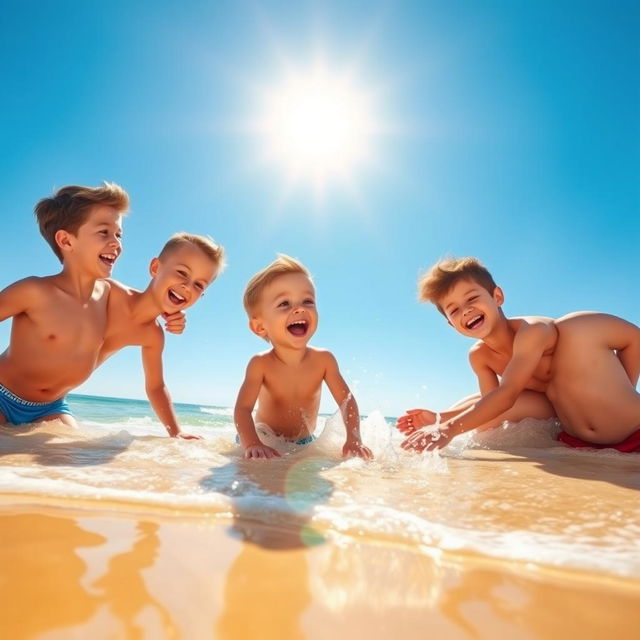 A playful scene featuring a cute boy enjoying a sunny beach day with his male friends