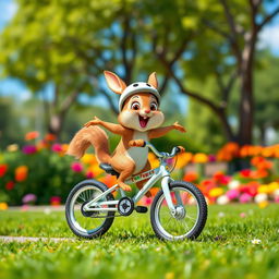 A small, cartoon-style animal, such as a rabbit or a squirrel, energetically jumping on a tiny bicycle
