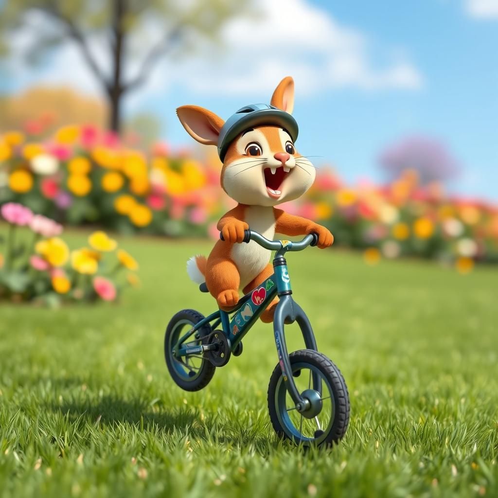 A small, cartoon-style animal, such as a rabbit or a squirrel, energetically jumping on a tiny bicycle