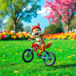 A small, cartoon-style animal, such as a rabbit or a squirrel, energetically jumping on a tiny bicycle
