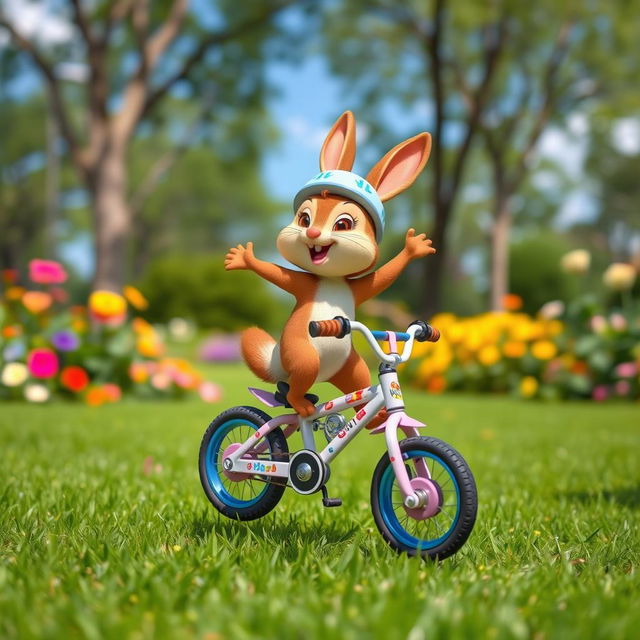 A small, cartoon-style animal, such as a rabbit or a squirrel, energetically jumping on a tiny bicycle